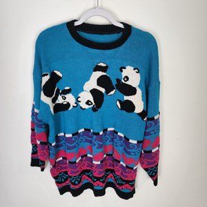 Panda Motif Crewneck Sweater in Teal and Pink